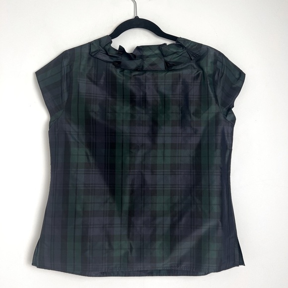 Talbots Black Watch Tartan V-Neck Ruffle 100% Silk Cap Sleeve Blouse Top Sz 8 - Picture 3 of 6